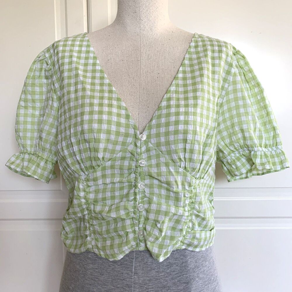 Freshman 1996 Gingham Seersucker Cropped Top Blouse White Green Womens XL